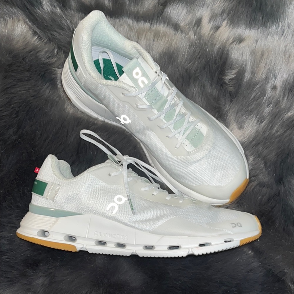On Cloudnova Form White and Green Athletic Running Shoes